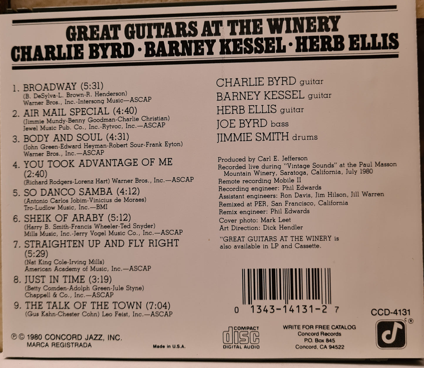 Charlie Byrd / Barney Kessel / Herb Ellis ~ Great Guitars at the Winery (CD)